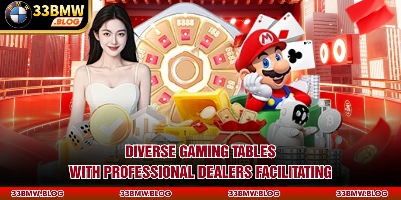 Diverse gaming tables with professional dealers facilitating